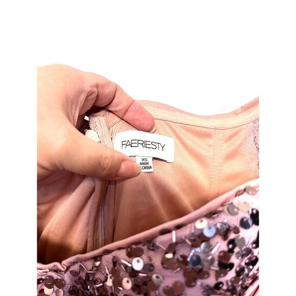 Faeriesty XS Pink Satin & Sequin Long Gown With Draped Front & 3/4 Sleeves - Picture 3 of 5